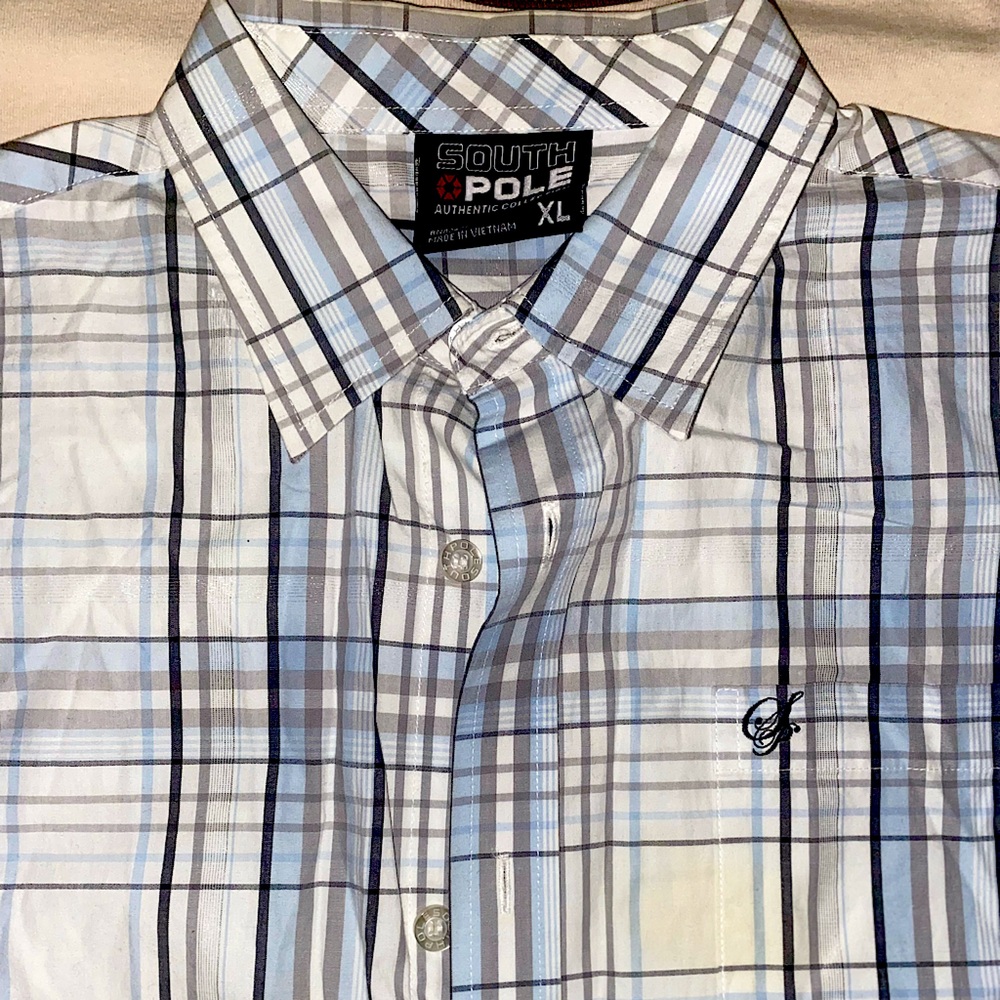 White & Blue Southpole Pinstriped Embroidered Button Up